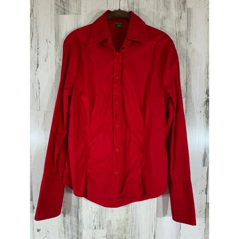 United Colors of Benetton Womens Tailored Fitted Blouse Small Red Long Cuff READ